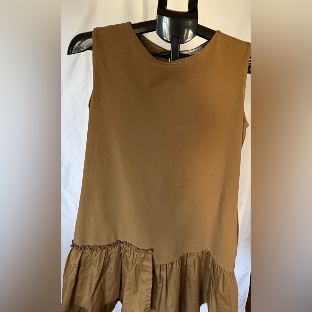 Alpha Studio Italy Cotton Stretch Tunic Dress Brown Ruffle Hem Size 38 Small